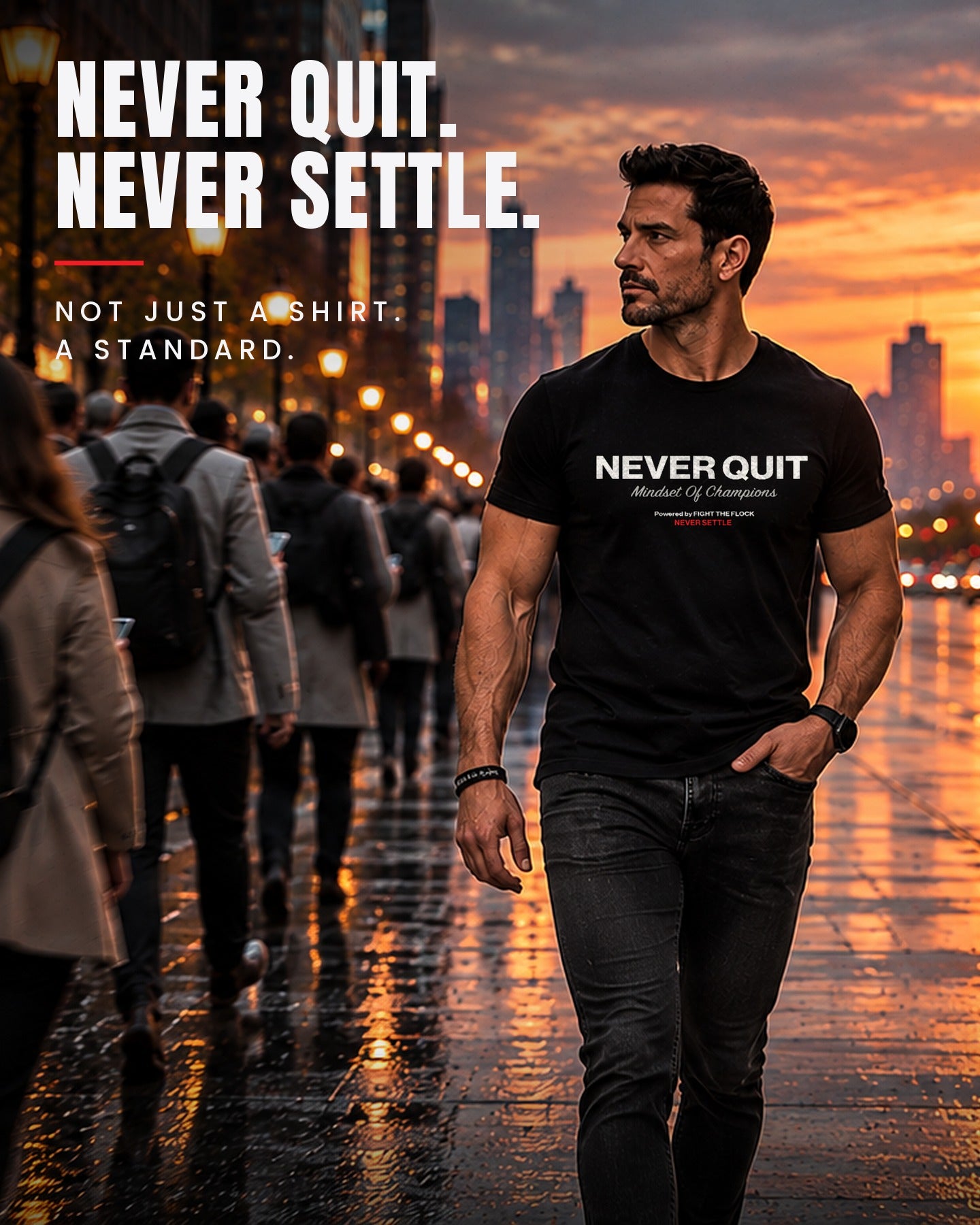 A man walking down a wet city street at sunset wearing a black t-shirt with the slogan 'NEVER QUIT.' printed in white.