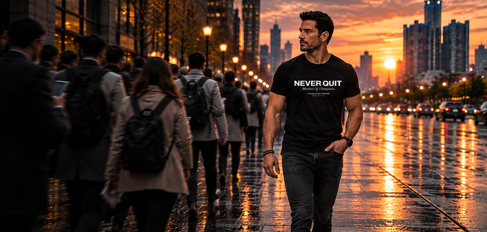 Man in the Icon Shirt walking against the crowd in downtown Detroit