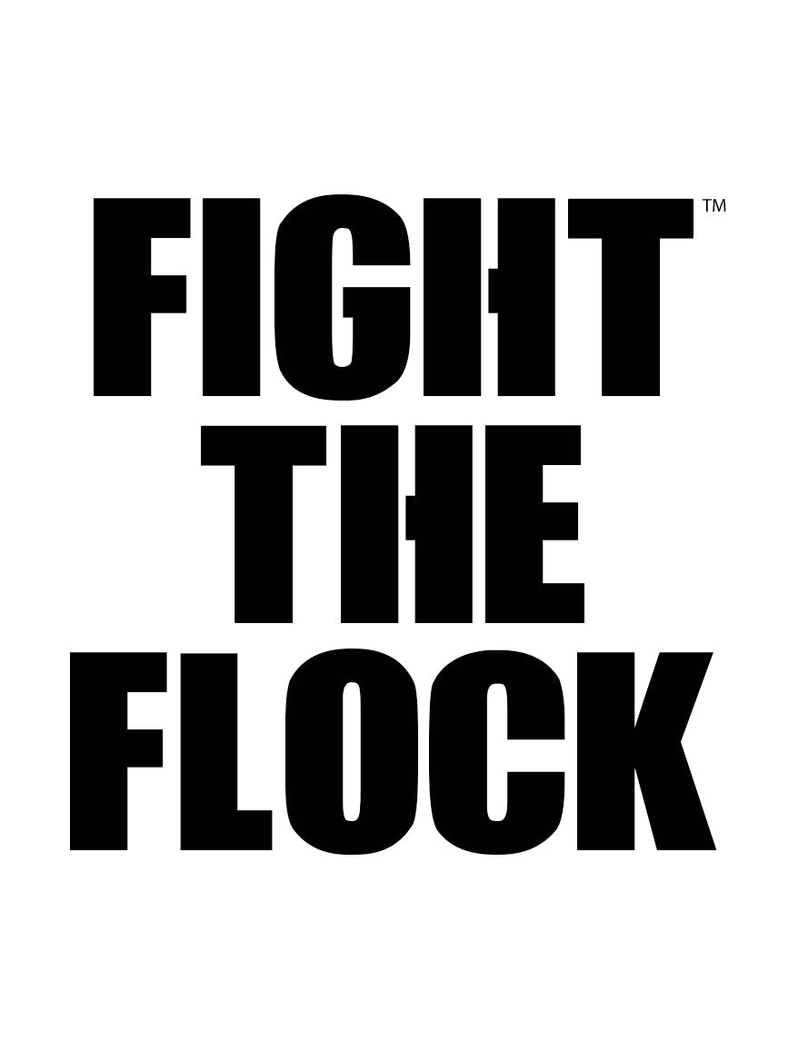 Black snapback trucker hat with 'Fight The Flock' embroidered logo in white text.