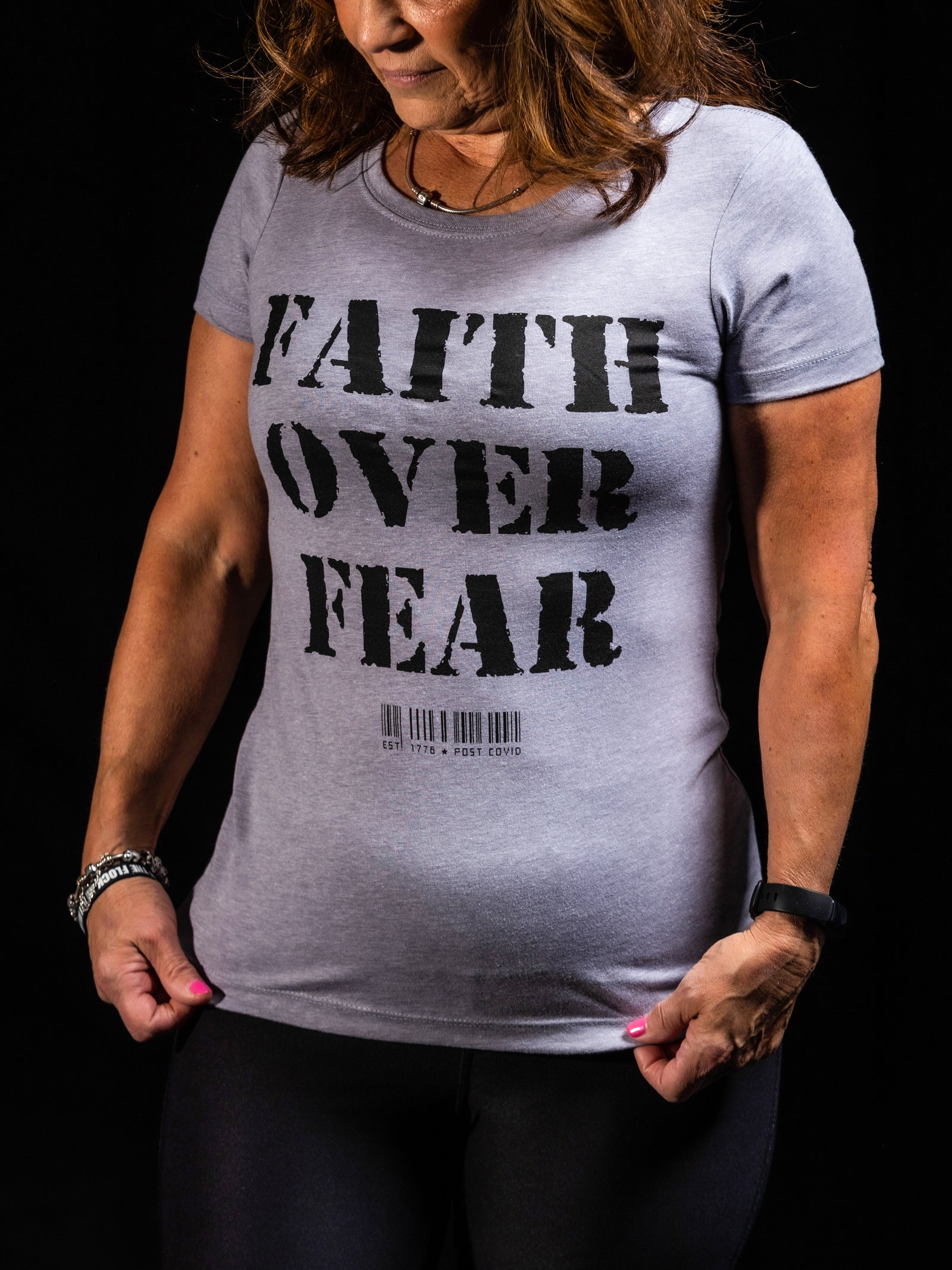 Faith Over Fear God Blessed Shirt Womens Crewneck Gray - Front View Freedom USA 1776