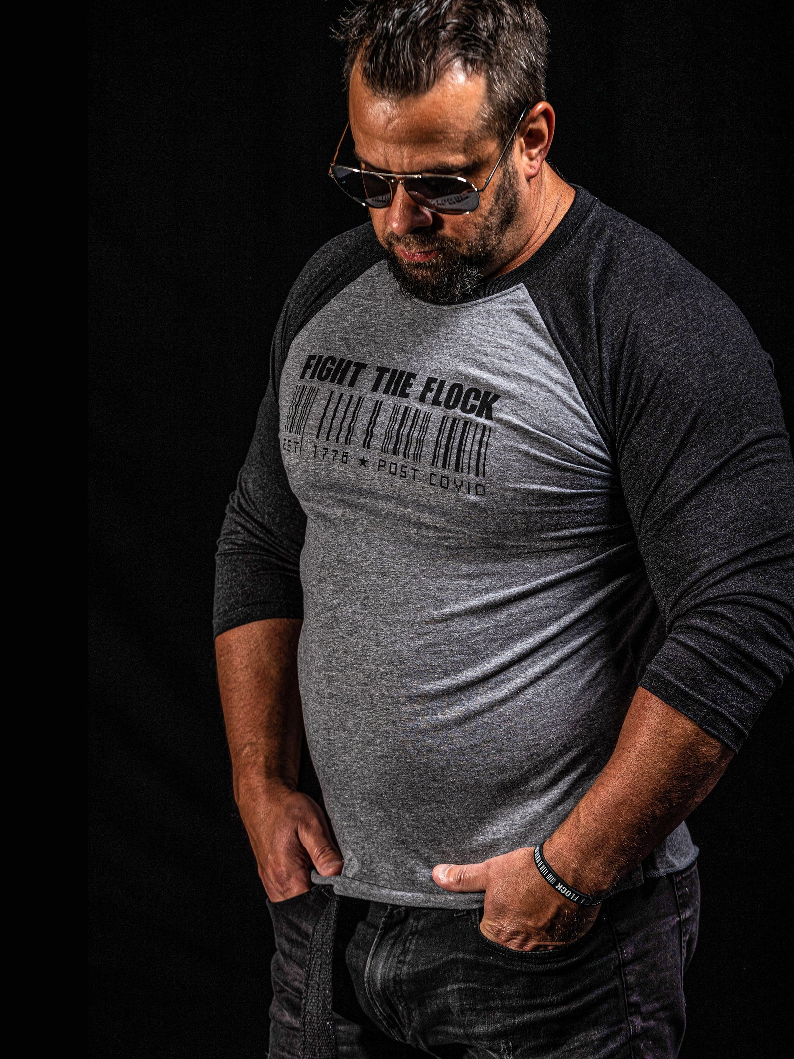 Leader Don't Be a Sheep Raglan 3/4 Baseball Shirt Mens Crewneck Gray Black - Front View Freedom USA 1776