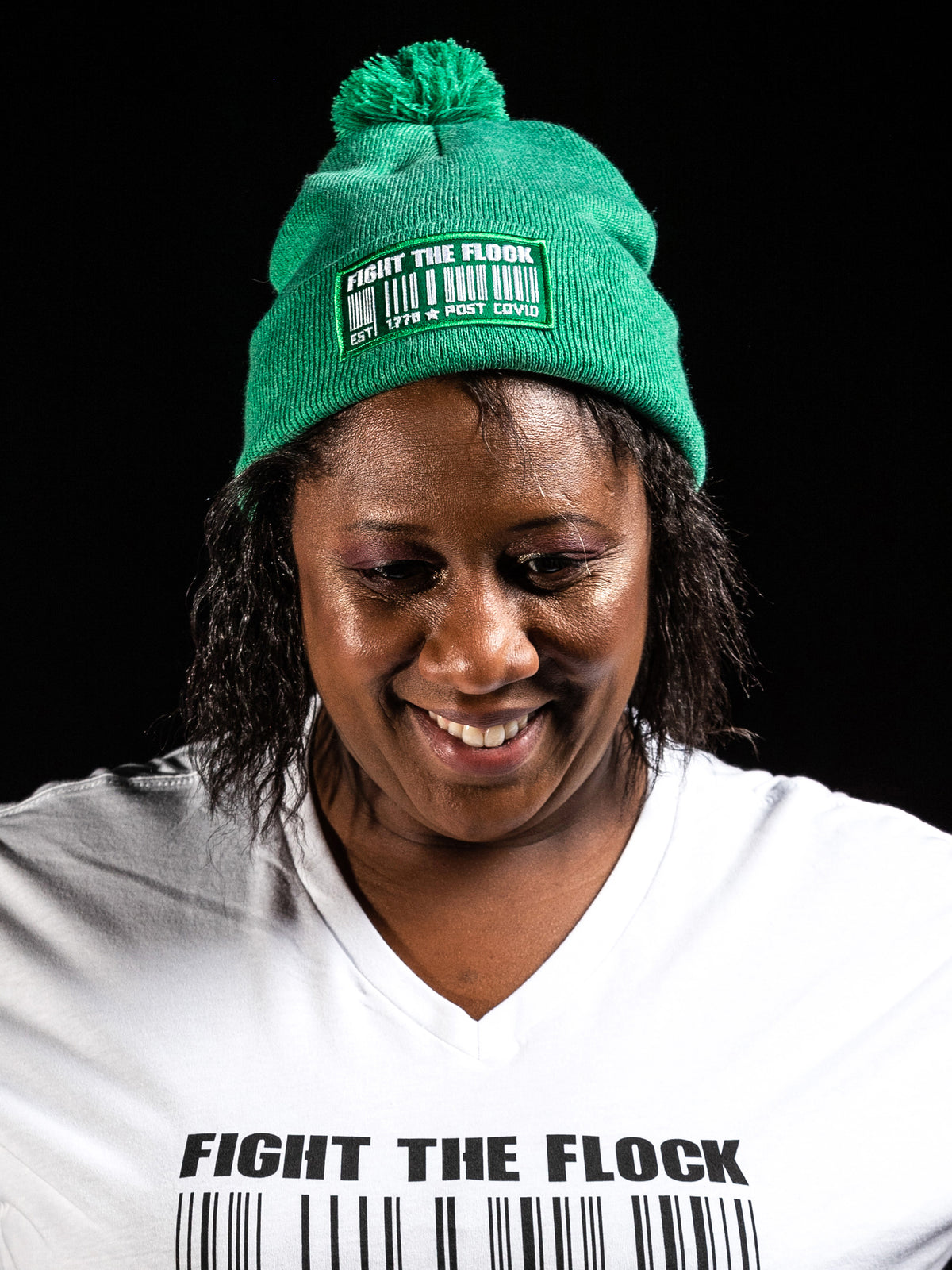 Barcode Patch Pom Beanie | Heather Green