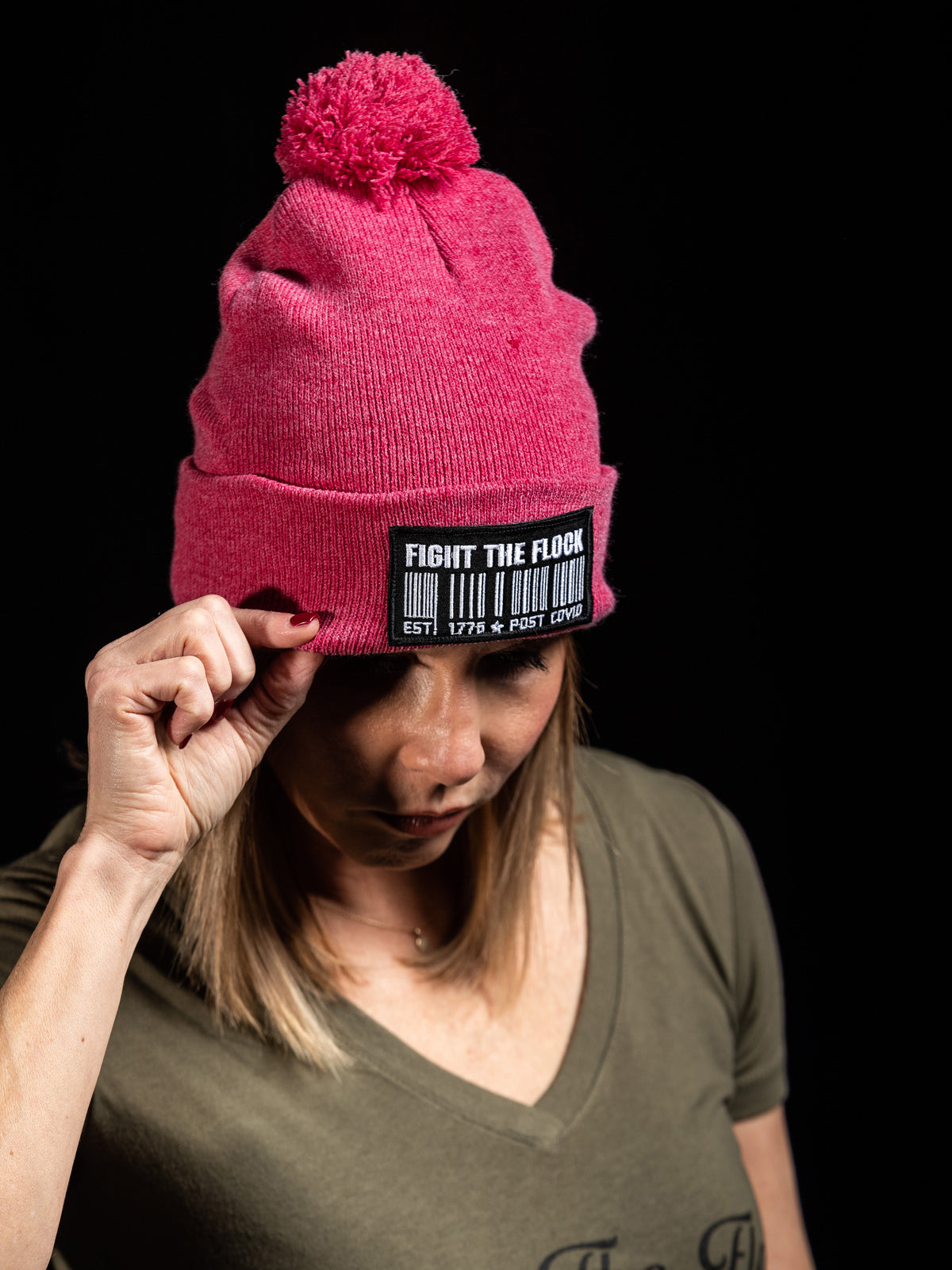 Barcode Patch Pom Beanie | Heather Pink