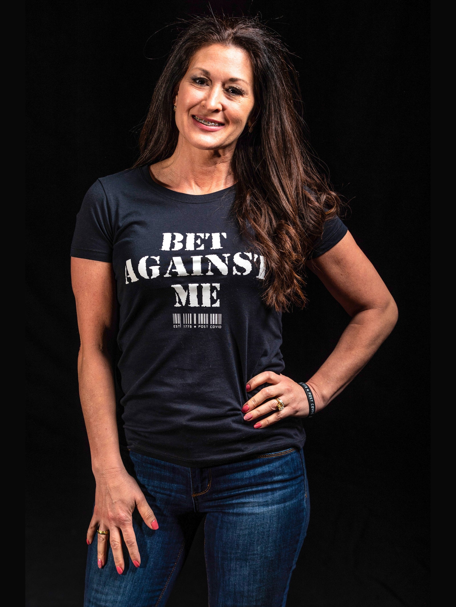 Bet Against me Athletic Gym Lifestyle Soft Poly Cotton Blend Womens Luxury Crewneck Freedom USA 1776 T-Shirt Black - Front